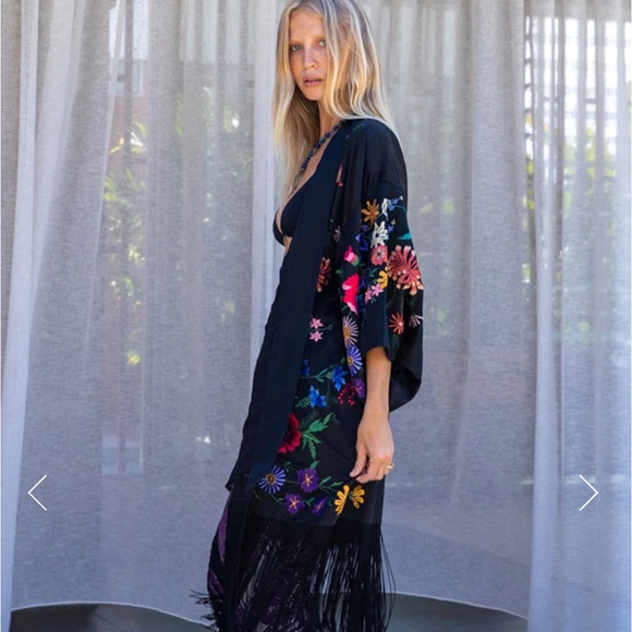 Johnny Was |Black Floral Embroidered Kimono with Fringe - Picture 2 of 11
